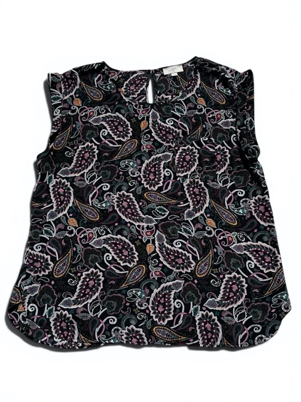 LOFT Outlet Paisley Cap Sleeve Blouse Black Pink Teal Large L NWOT